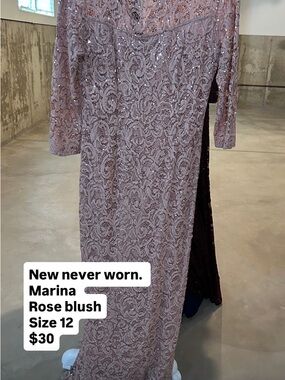 MARINA Rose Blush Sequin Lace Long Sleeve Evening Dress